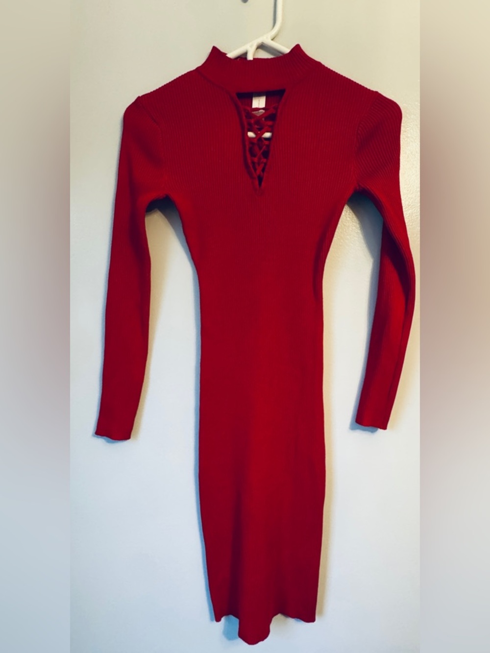 No Boundaries Red Ribbed Lace-Up Long Sleeve Sweater Dress